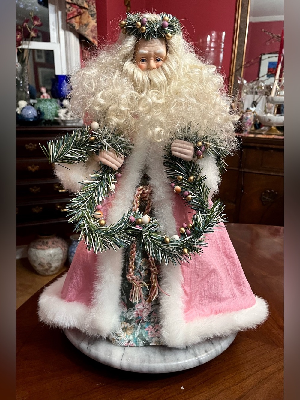 VTG 1991 Brinn's Christmas Romance Pink Porcelain Santa Tree Topper 16" Clean